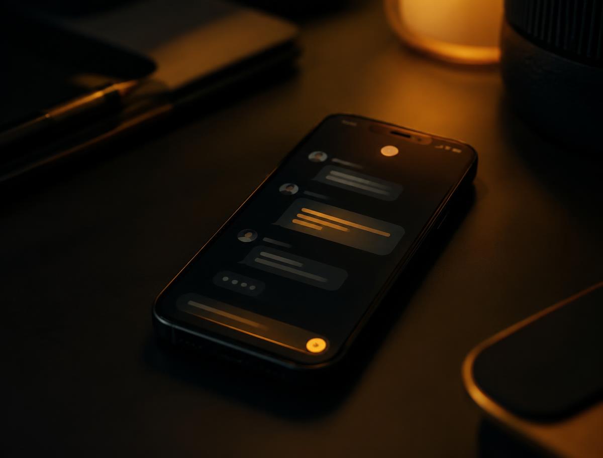 Smartphone con un'interfaccia di chat su una scrivania scura