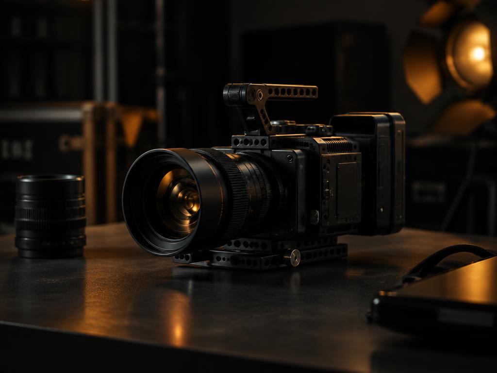 Videocamera professionale in uno studio audiovisivo buio con luce calda